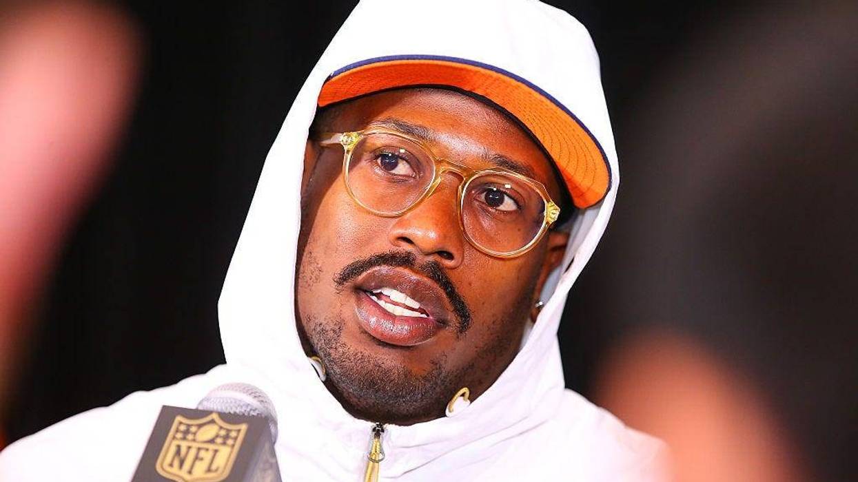 FEB 2016: Denver Broncos linebacker Von Miller during the Super Bowl 50 Denver Broncos press conference in Santa Clara California.