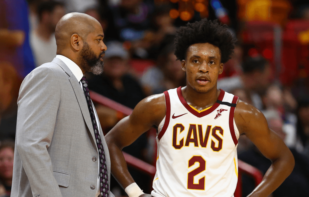 Feb 22, 2020; Miami, Florida, USA; Cleveland Cavaliers head coach J.B. Bickerstaff and guard Collin Sexton (2) talk during the second quarter at American Airlines Arena. Mandatory Credit: Kim Klement-USA TODAY Sports