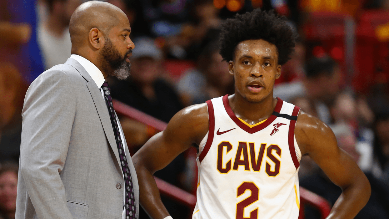 Feb 22, 2020; Miami, Florida, USA; Cleveland Cavaliers head coach J.B. Bickerstaff and guard Collin Sexton (2) talk during the second quarter at American Airlines Arena. Mandatory Credit: Kim Klement-USA TODAY Sports
