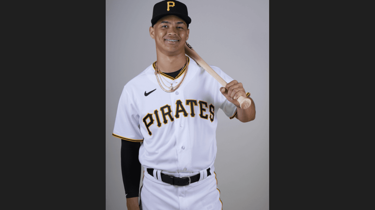 Feb 22, 2023; Bradenton, FL, USA; Pittsburgh Pirates catcher Endy Rodriguez (25) poses for photos during Media Day.