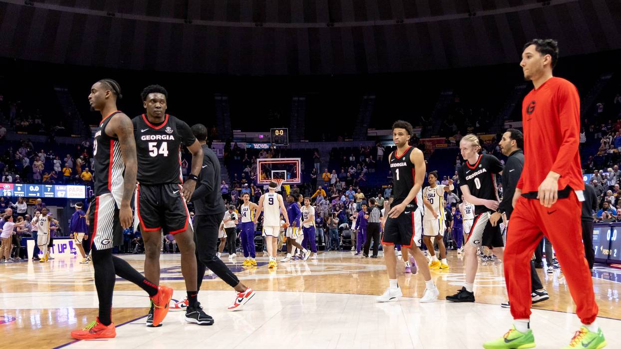 Feb 27, 2024; Baton Rouge, Louisiana, USA; Georgia Bulldogs bench reacts to a play that ended the game as LSU Tigers wins at Pete Maravich Assembly Center. Mandatory Credit: Stephen Lew-USA TODAY Sports