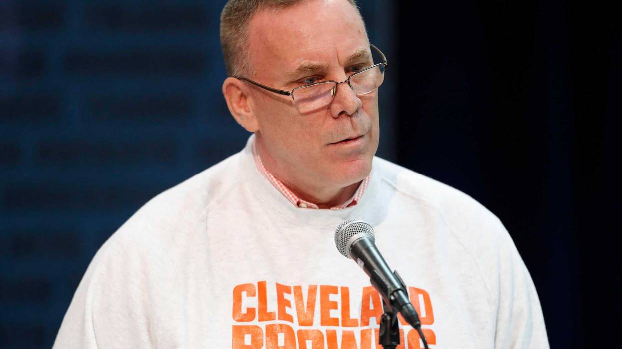 Feb 28, 2019; Indianapolis, IN, USA; Cleveland Browns general manager John Dorsey speaks to the media during the 2019 NFL Combine at the Indianapolis Convention Center. Mandatory Credit: Brian Spurlock-USA TODAY Sports
