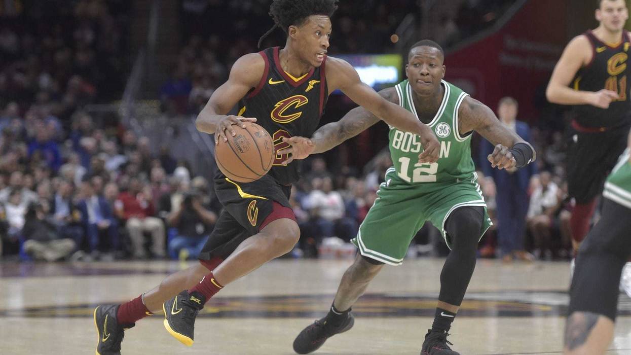 Feb 5, 2019; Cleveland, OH, USA; Cleveland Cavaliers guard Collin Sexton (2) dribbles against Boston Celtics guard Terry Rozier (12) in the second quarter at Quicken Loans Arena. Mandatory Credit: David Richard-USA TODAY Sports