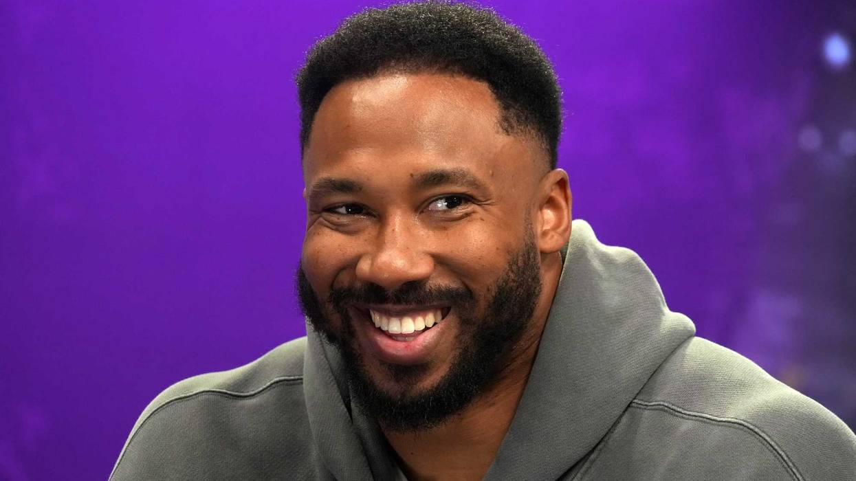 Feb 5, 2025; New Orleans, LA, USA; Cleveland Browns defensive end Myles Garrett on radio row at the Super Bowl LIX media center at the Ernest N. Morial Convention Center.