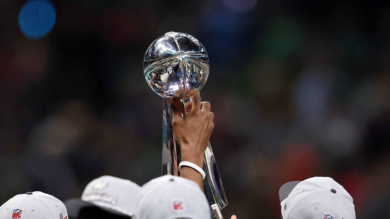 Feb 9, 2025; New Orleans, LA, USA; A detail view as the Philadelphia Eagles lift the Vince Lombardi Trophy after winning Super Bowl LIX against the Kansas City Chiefs at Caesars Superdome. Mandatory Credit: Bill Streicher-Imagn Images