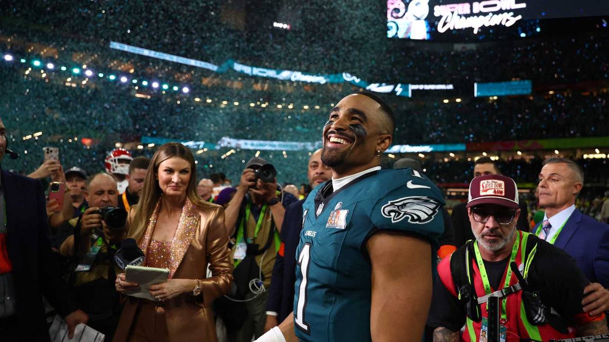 Feb 9, 2025; New Orleans, LA, USA; Philadelphia Eagles quarterback Jalen Hurts (1) celebrates after defeating the Kansas City Chiefs in Super Bowl LIX at Caesars Superdome.