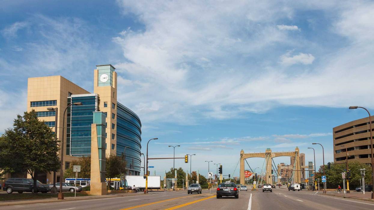 Federal Reserve Bank of Minneapolis and Hennepin Avenue Bridge in Minnesota, United States where a teenager was shot Monday night.