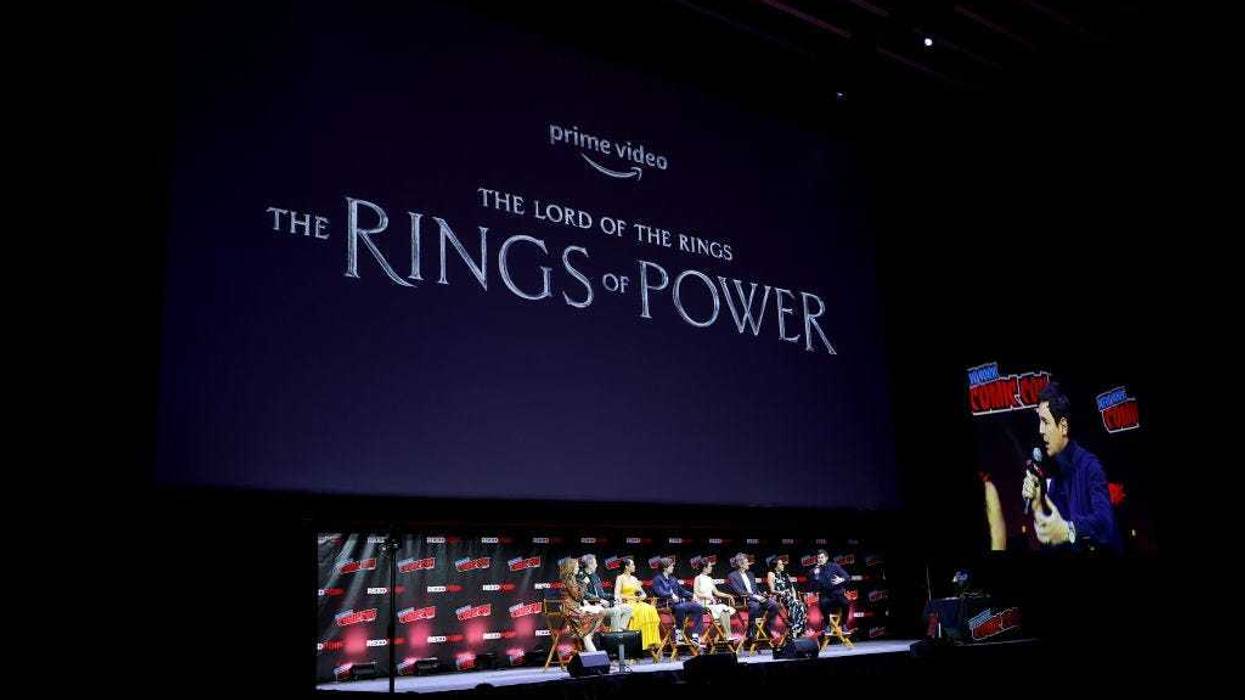 Felicia Day, Daniel Weyman, Cynthia Addai-Robinson, Leon Wadham, Nazanin Boniadi, Charles Edwards, Sara Zwangobani and Benjamin Walker speak onstage at 'Prime Video Presents : The Lord of The Rings: The Rings of Power' panel during New York Comic Con 2022 on October 07, 2022 in New York City.