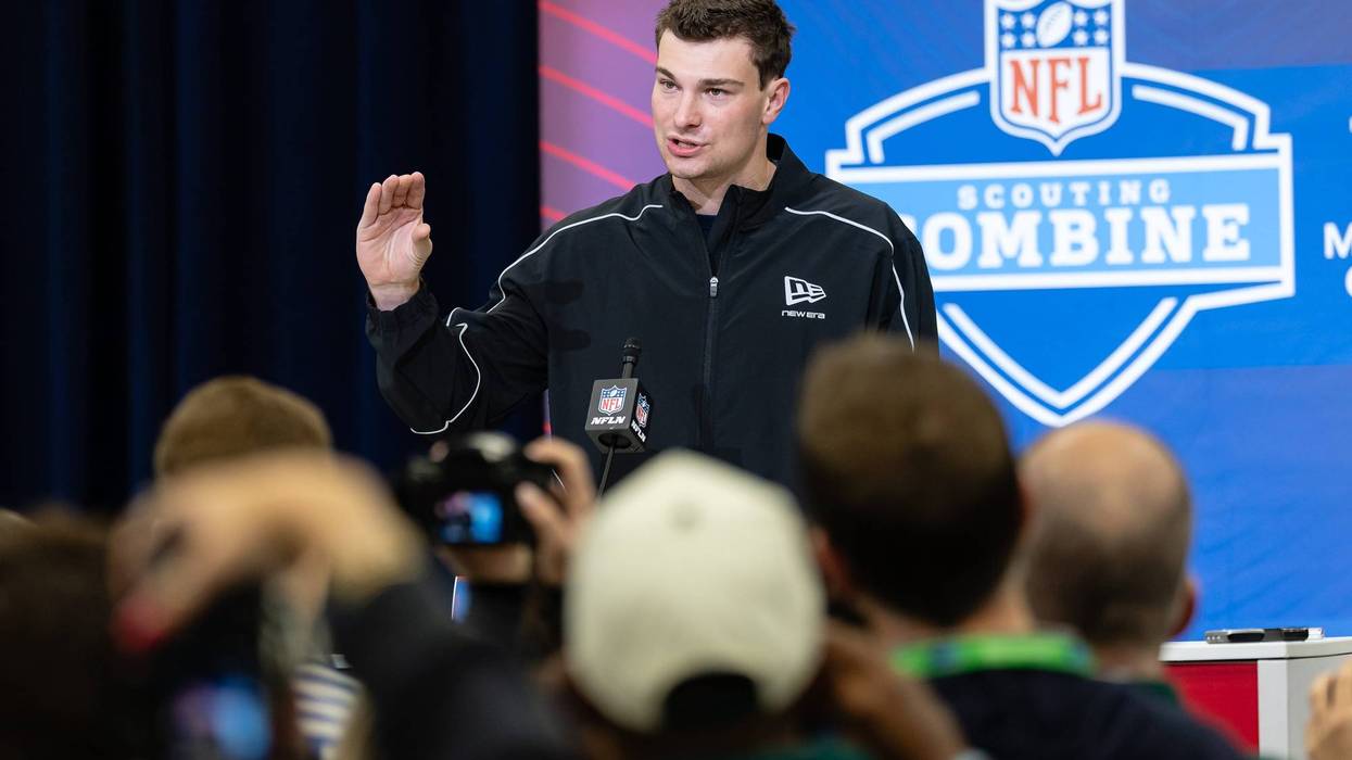 Fernando Mendoza of the Indiana Hoosiers speaks to the media during the 2026 NFL Draft Combine at the Indiana Convention Center on February 27, 2026 in Indianapolis, Indiana.