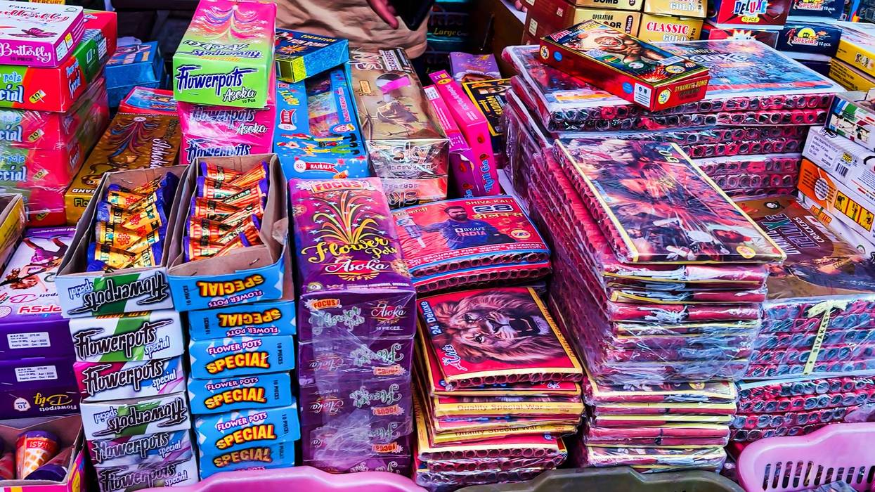 festival firecrackers neatly arranged in retail stack