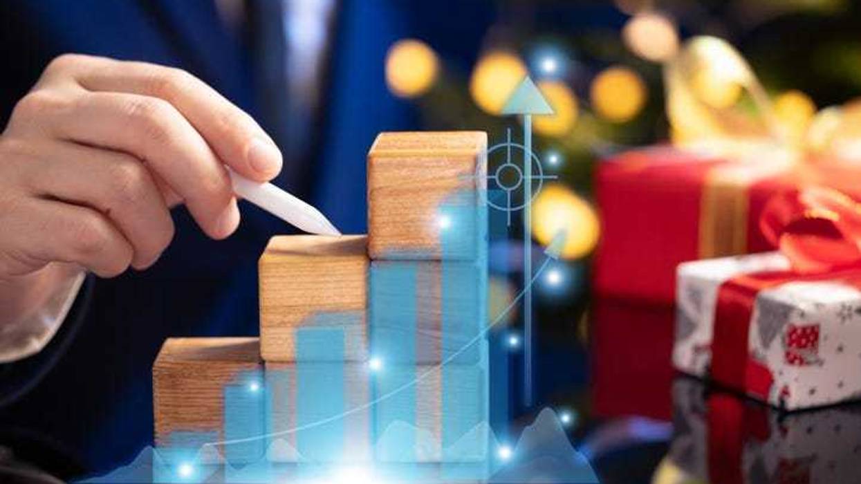 Festive business banner showing staircase cubes and growth hologram, symbolizing strategic business progress and success in the new year