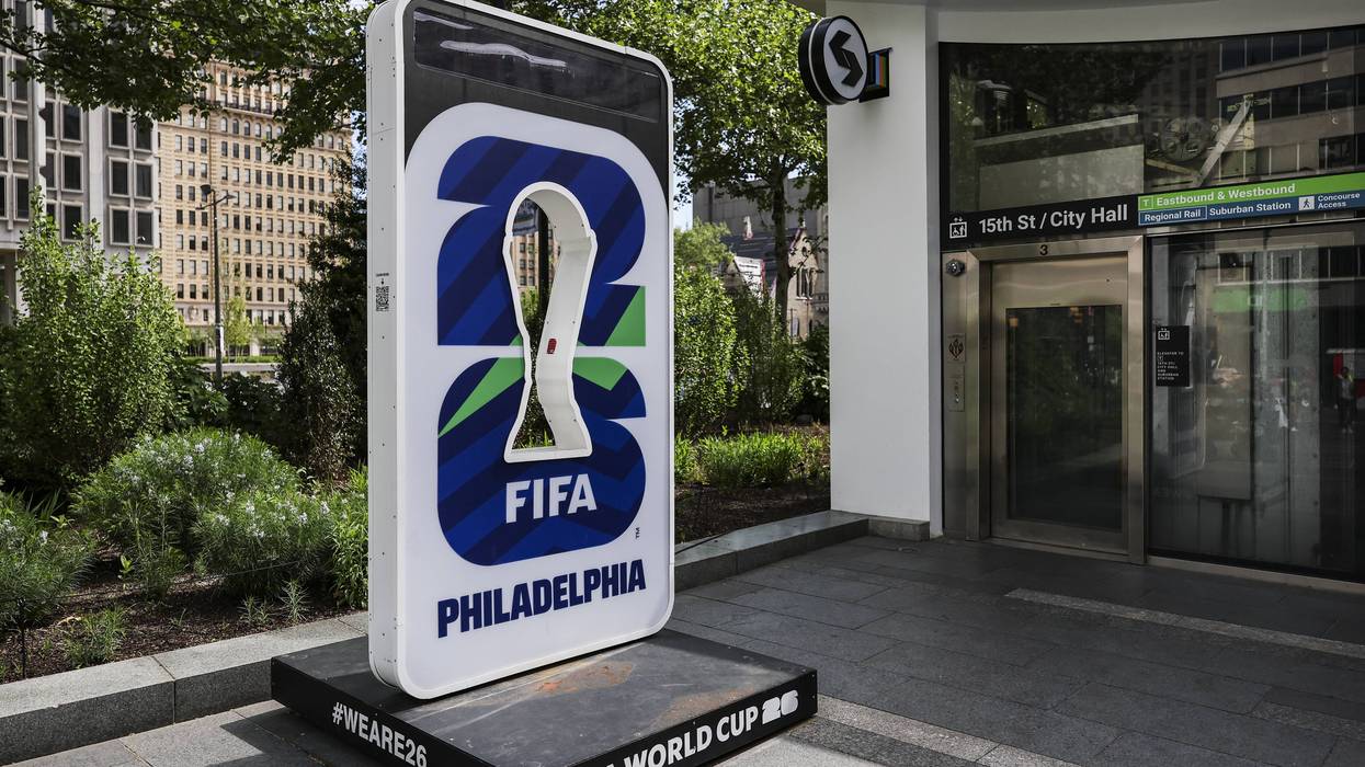 FIFA signage in Dilworth Park next to a SEPTA station