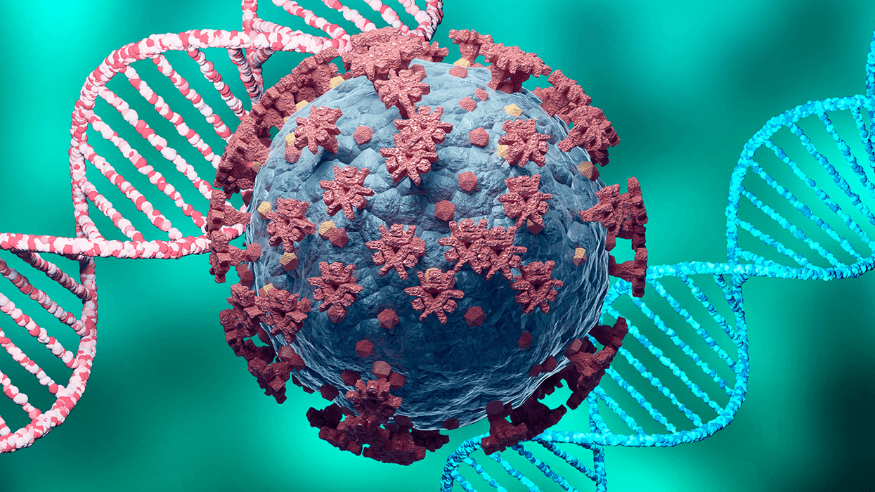 FILE - 3D rendering of the Coronavirus and DNA, virus mutation.