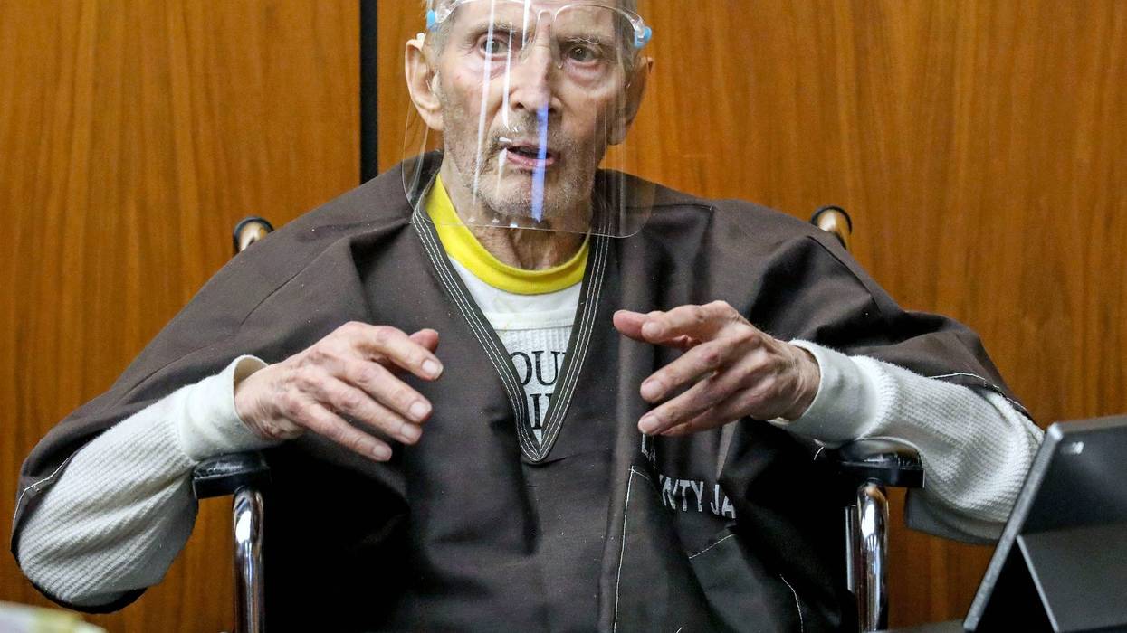 FILE - In this Monday, Aug. 9, 2021, file photo, New York real estate scion Robert Durst, 78, answers questions from defense attorney Dick DeGuerin, while testifying in his murder trial at the Inglewood Courthouse in Inglewood, Calif. The sentencing of Durst will be comparatively brief compared to his murder trial that stretched over the better part of two years. The New York real estate heir faces a mandatory term of life in prison without parole Thursday, Oct. 14 for the first-degree murder of his best friend, Susan Berman
