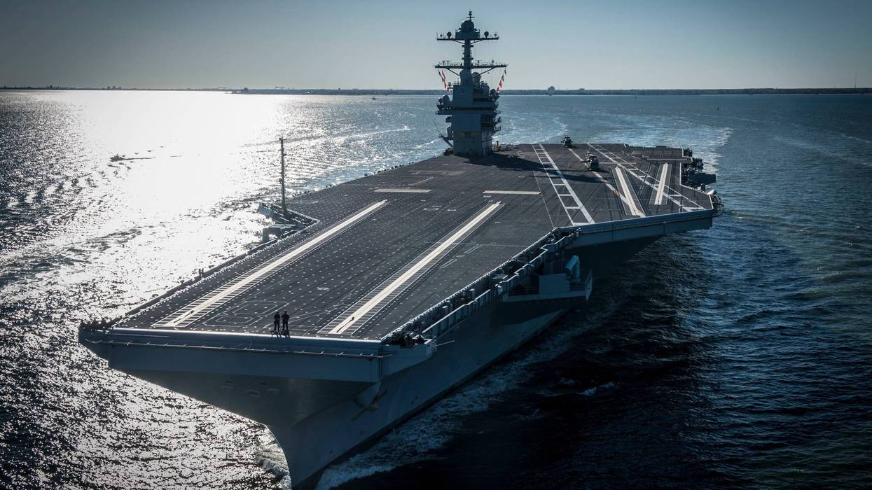FILE - In this photo provided by the U.S. Navy, the USS Gerald R. Ford embarked on the first of its sea trials to test various state-of-the-art systems on its own power for the first time, April 8, 2017, from Newport News, Va.