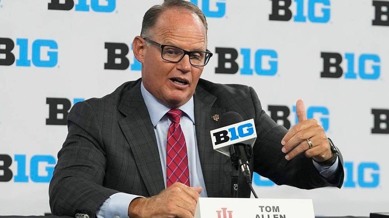 FILE - Indiana head coach Tom Allen speaks during an NCAA college football news conference at the Big Ten Conference media days at Lucas Oil Stadium, Thursday, July 27, 2023, in Indianapolis. Penn State has hired former Indiana coach Tom Allen as defensive coordinator. Nittany Lions coach James Franklin announced the hiring on Tuesday, Dec. 19, 2023, to replace Manny Diaz, who left to take over the Duke program.