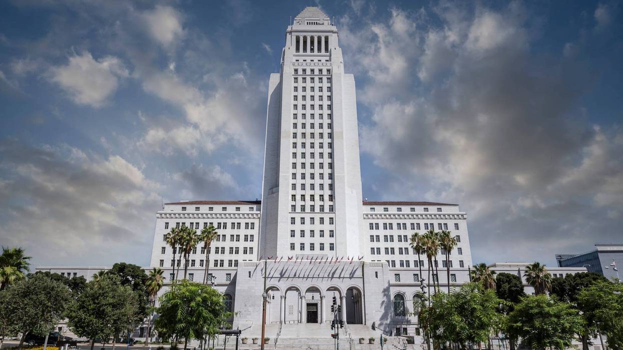 FILE - Morning view of the historic Los Angeles city hall building from Spring Street entrance in Southern California.