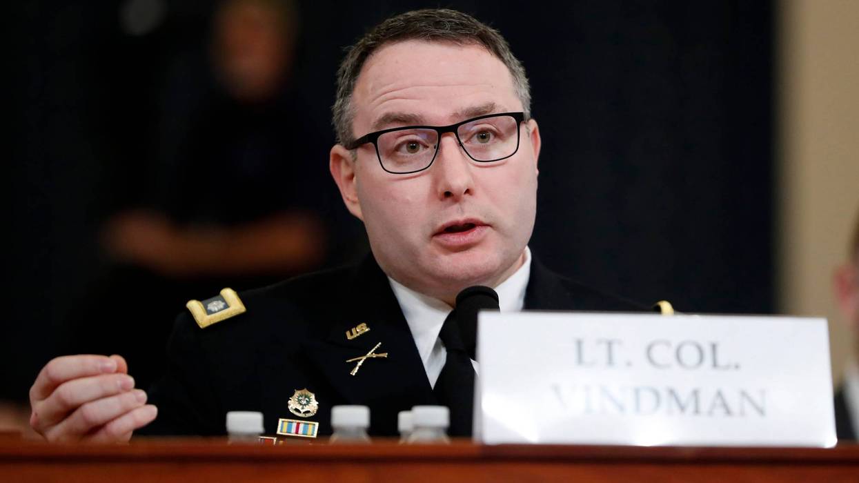 FILE - National Security Council aide Lt. Col. Alexander Vindman testifies before the House Intelligence Committee on Capitol Hill in Washington, Nov. 19, 2019, during a public impeachment hearing of President Donald Trump's efforts to tie U.S. aid for Ukraine to investigations of his political opponents.