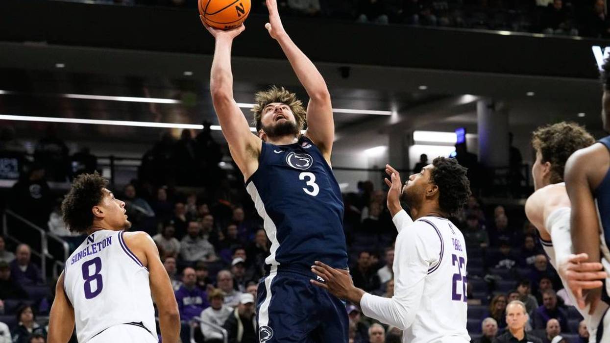 FILE - Penn State forward Ivan Juric (3) shoots as Northwestern forward Tre Singleton, left, and forward Arrinten Page look on during the first half of an NCAA college basketball game in Evanston, Ill., Thursday, Jan. 29, 2026.