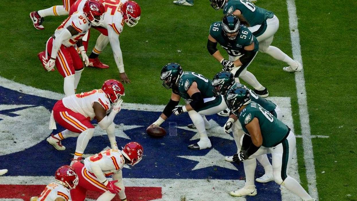 FILE - Philadelphia Eagles center Jason Kelce (62) prepares to snap the ball during the first half of the NFL Super Bowl 57 football game against the Kansas City Chiefs, Sunday, Feb. 12, 2023, in Glendale, Ariz.