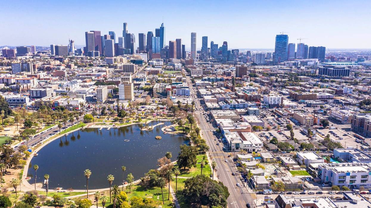 FILE PHOTO - A panoramic view of downtown Los Angeles skyline behind beautiful MacArthur Park.