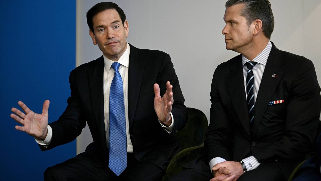 FILE - Secretary of State Marco Rubio, left, speaks next to Defense Secretary Pete Hegseth during a meeting between U.S. President Donald Trump with NATO Secretary General Mark Rutte at the NATO summit of heads of state and government in The Hague, Netherlands, June 25, 2025.