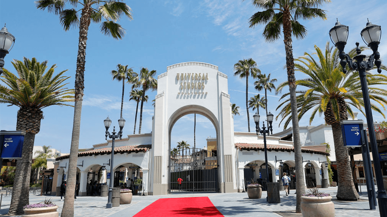 FILE - The entrance to Universal Studios is seen during Universal Studios Hollywood grand reopening media day at Universal Studios Hollywood on April 15, 2021 in Universal City, Calif.