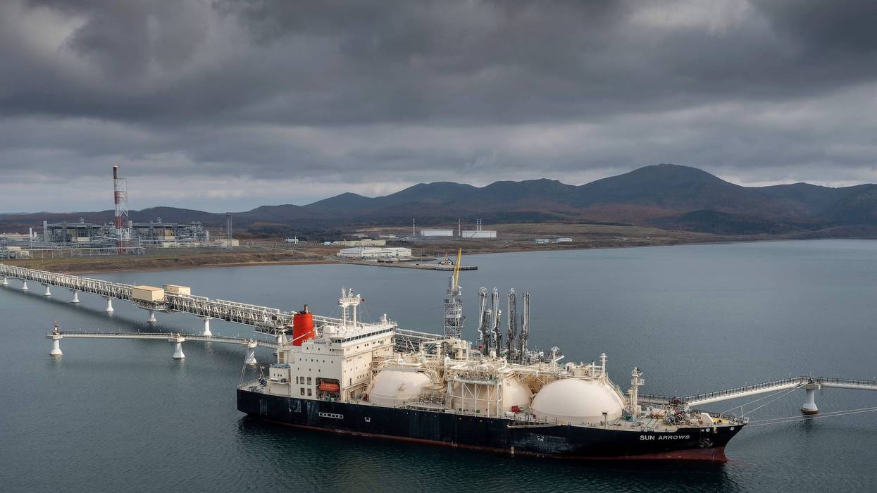 FILE - The tanker Sun Arrows loads its cargo of liquefied natural gas from the Sakhalin-2 project in the port of Prigorodnoye, Russia, on Oct. 29, 2021. For the U.S. at least, removing Russia's most favored nation status is a mostly symbolic gesture. The U.S. ban that was announced last month on imports of Russian oil, gas and coal already eliminated about 60% of all U.S. imports from Russia.