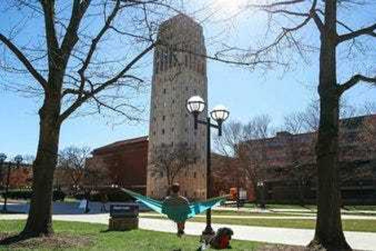 FILE - This April 7, 2017 file photo, shows Burton Tower on the University of Michigan campus in Ann Arbor, Mich. (Hunter Dyke/Ann Arbor News via AP, File)