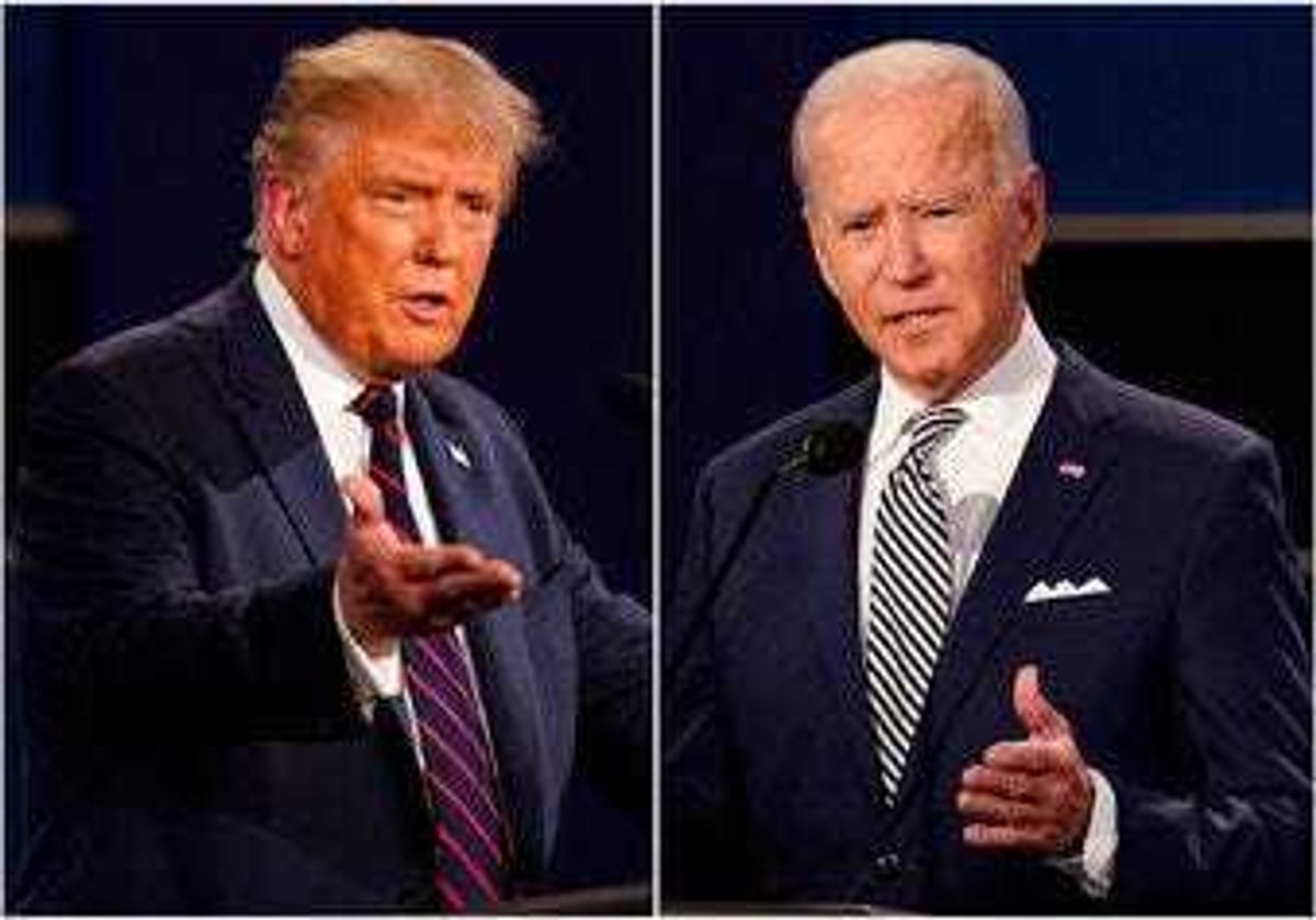 FILE - This combination of Sept. 29, 2020, file photos shows President Donald Trump, left, and former Vice President Joe Biden during the first presidential debate at Case Western University in Cleveland, Ohio. (AP Photo/Patrick Semansky, File)