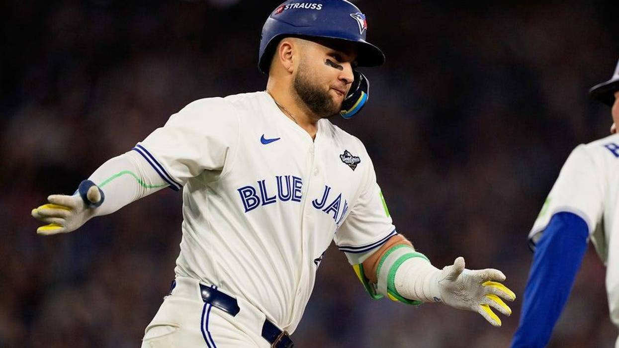 FILE - Toronto Blue Jays' Bo Bichette celebrates his three run home run against the Los Angeles Dodgers during the third inning in Game 7 of baseball's World Series, Saturday, Nov. 1, 2025, in Toronto.