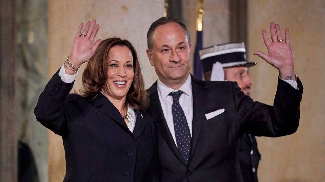 FILE - U.S. Vice President Kamala Harris and her husband, First Gentleman Douglas Emhoff, arrive at the Elysee Palace for the inaugural dinner on the first day of the Paris Peace Forum on Nov. 11, 2021 in Paris, France.
