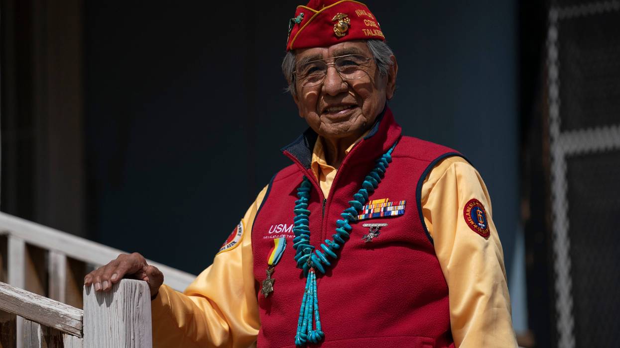 FILE - WWII veteran and Navajo Code Talker Peter MacDonald Sr. is photographed at his home on the Navajo reservation in Tuba City, Ariz., April 28, 2020.