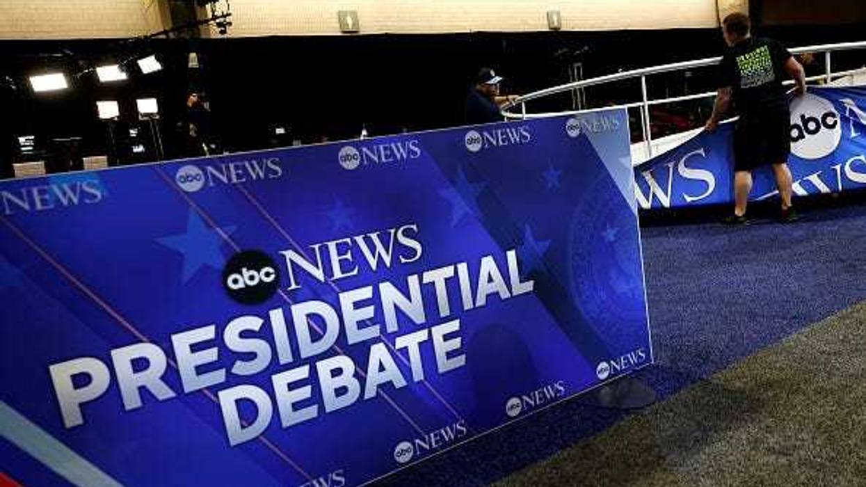 Final preparations are made in the spin room prior to the ABC News Presidential Debate on September 09, 2024 at the Convention Center in Philadelphia, Pennsylvania.