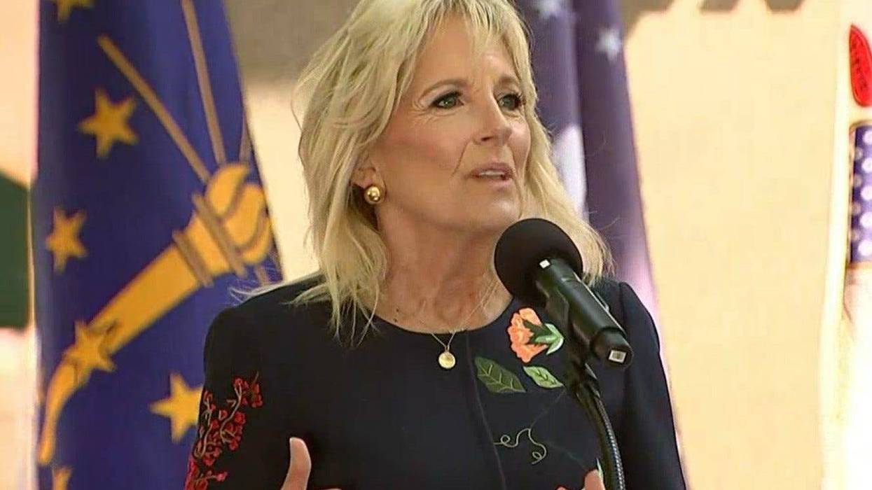 First Lady Dr. Jill Biden addresses the crowd at Independence Hall at the Welcome America Celebration of Freedom Ceremony.