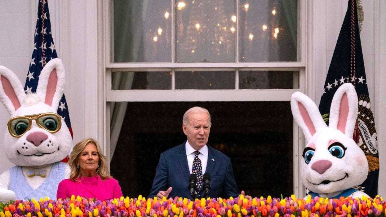 First lady Dr. Jill Biden listens as President Joe Biden delivers remarks during the annual White House Easter Egg Roll on the South Lawn of the White House on April 1, 2024 in Washington, DC.