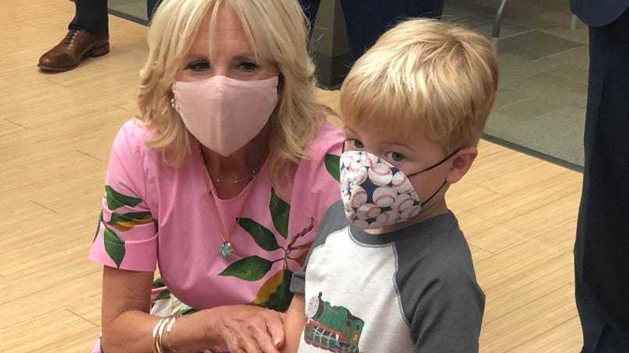 First Lady Jill Biden and Henry Crowder, who was set to receive a Covid-19 shot.