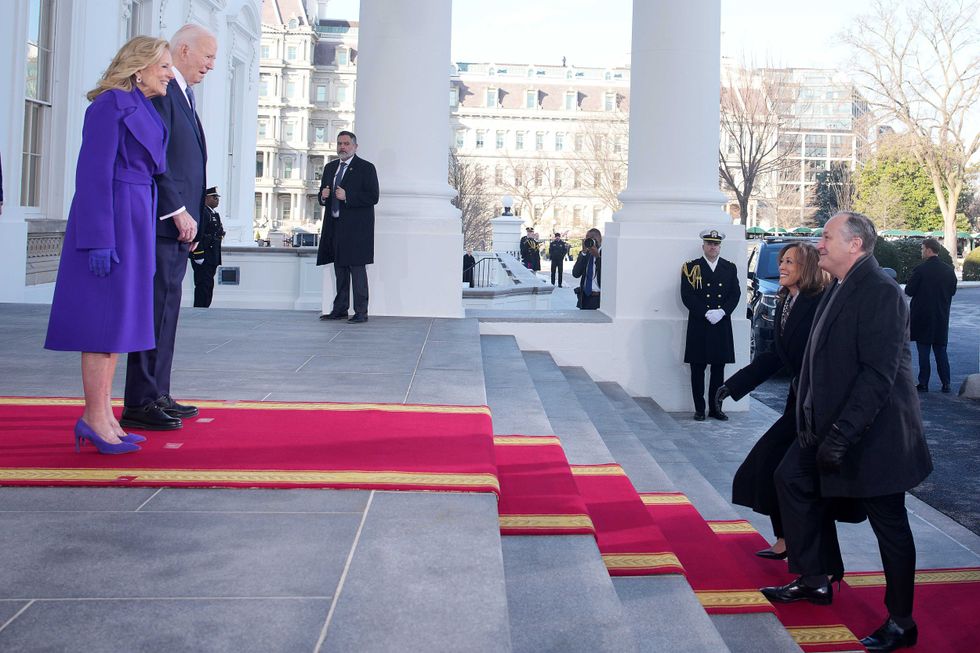 First lady Jill Biden and U.S. President Joe Biden greet U.S. Vice President Kamala Harris and second gentleman Doug Emhoff as they arrive for Inauguration ceremonies for U.S. President-elect Donald Trump at the White House on January 20, 2025 in Washington, DC. Donald Trump takes office for his second term as the 47th president of the United States. (Photo by Andrew Harnik/Getty Images)
