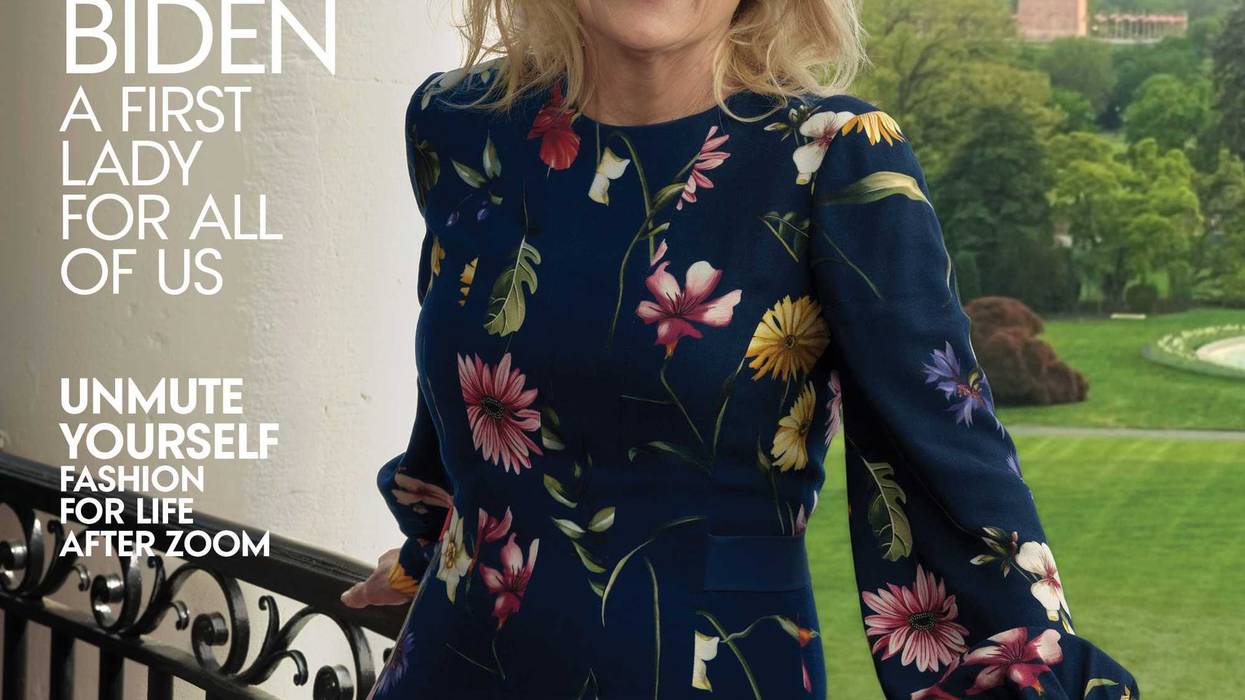 First lady Jill Biden on the cover of Vogue's August 2021 issue, on newsstands nationwide July 20, in a dress by Laura Kim and Fernando Garcia for Oscar de la Renta. Earrings by Tiffany & Co. Fashion Editor: Tonne Goodman, hair by Sally Hershberger and makeup by Francelle Daly.