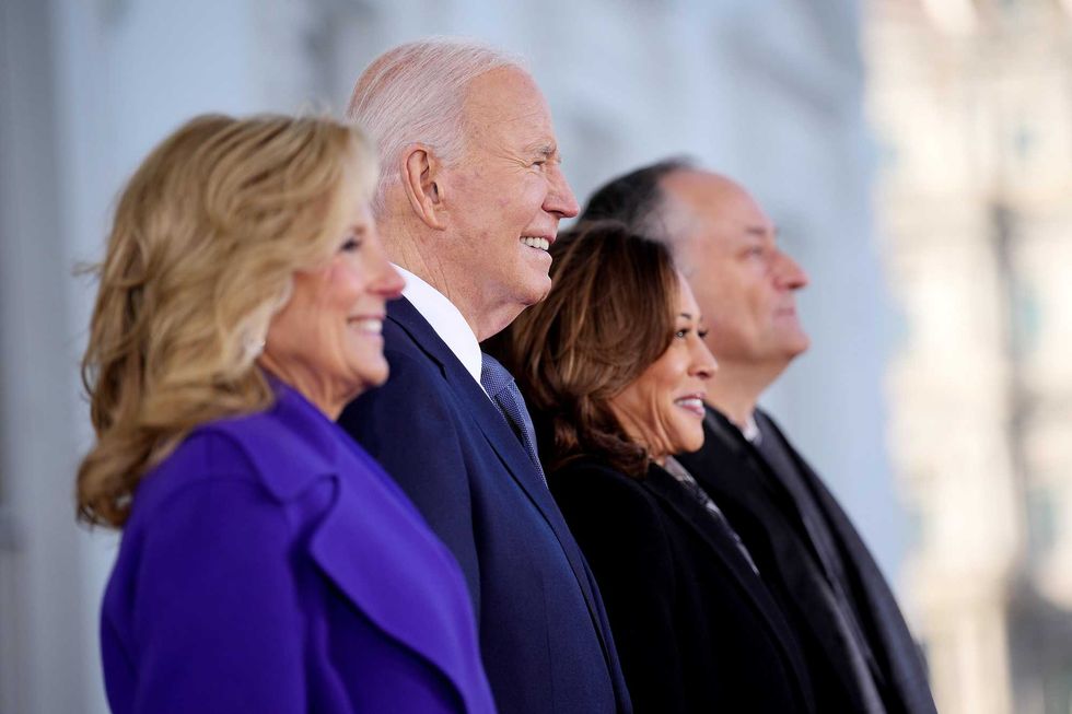 First lady Jill Biden, U.S. President Joe Biden, U.S. Vice President Kamala Harris and second gentleman Doug Emhoff wait for the arrival of U.S. President-elect Donald Trump for Inauguration ceremonies at the White House