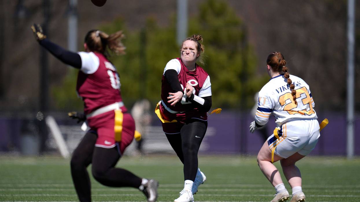 Flag football is quickly becoAugustana University and Concordia University, St. Paul players compete during a women's college flag football game, April 7, 2025, in St. Paul. Minn. ming one of the fastest growing sports in the country and the state thanks to support by the Minnesota Vikings.