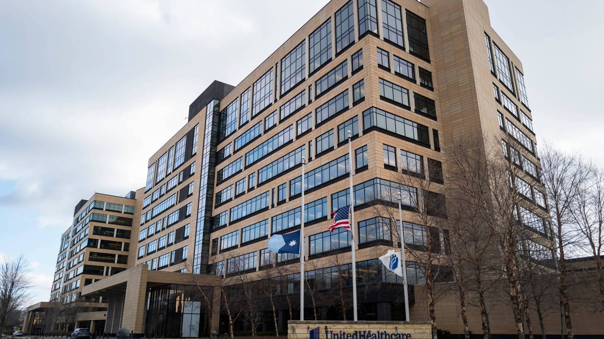 Flags fly at half mast outside the United Healthcare corporate headquarters on December 4, 2024 in Minnetonka, Minnesota