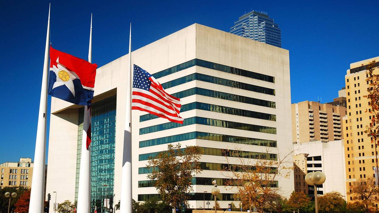 Flags outside city hall in Dallas, Texas.