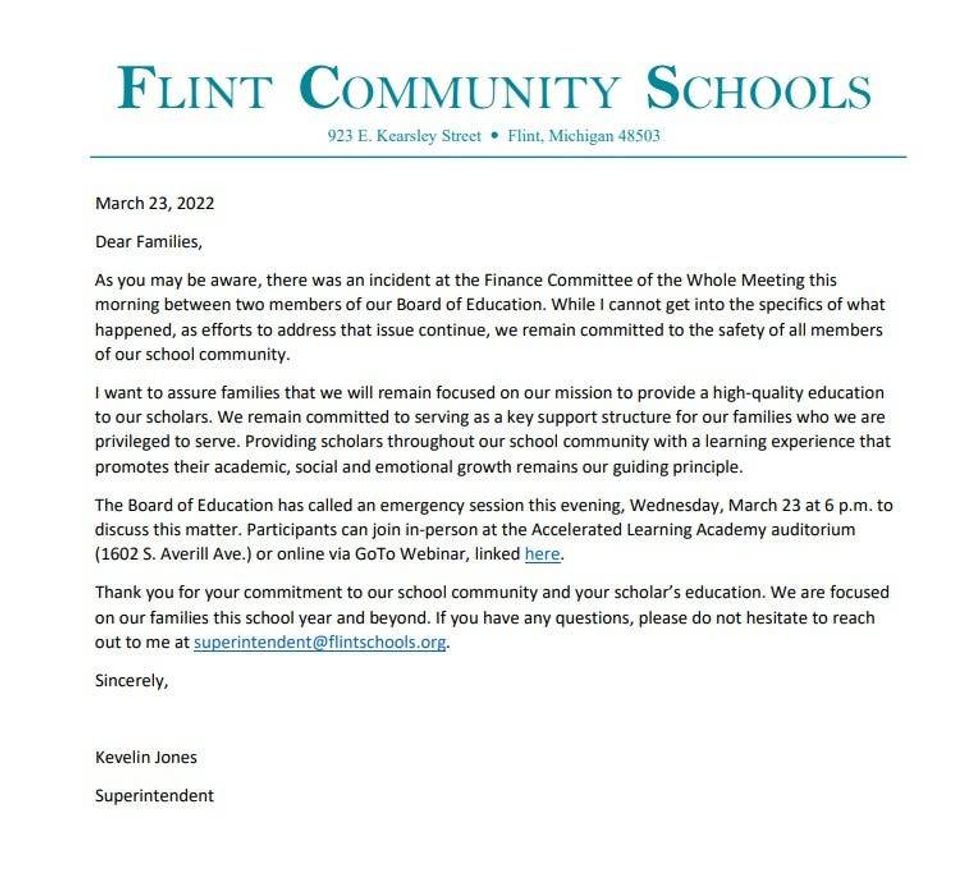 Flint police said they are investigating claims of a violent physical assault between two community board members during a meeting on Wednesday morning.
