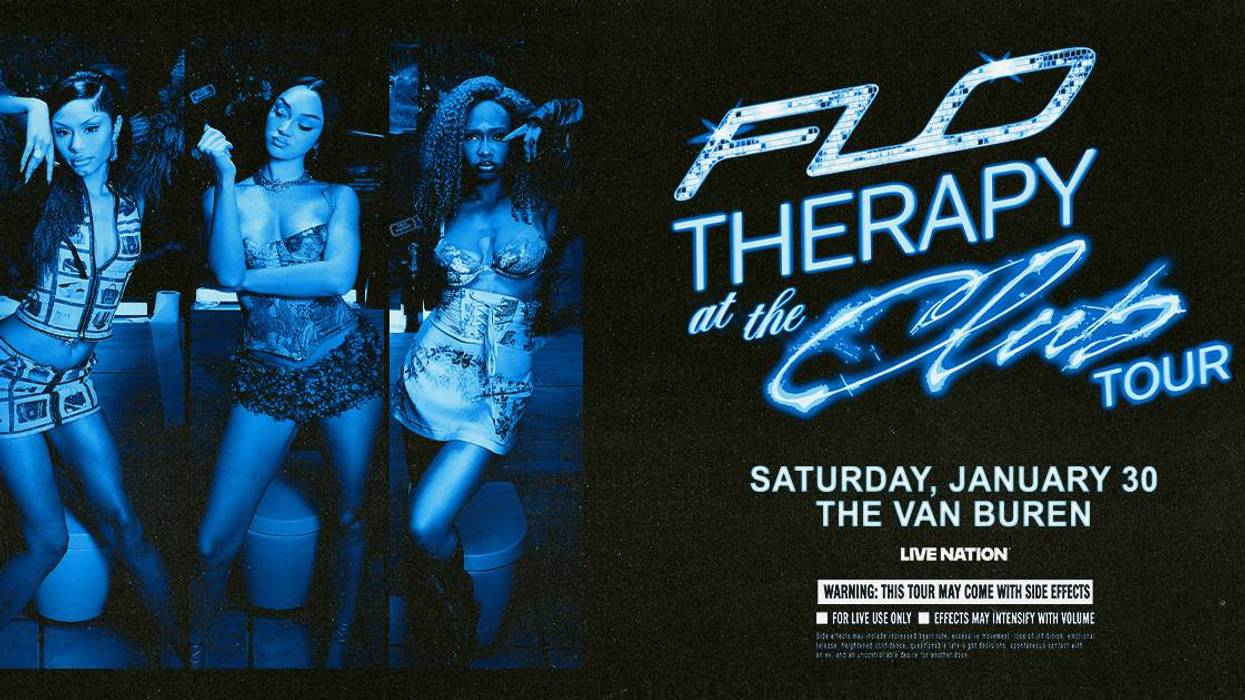 FLO Therapy at the Club Tour poster: Three women in blue, neon title, Jan 30 at The Van Buren.