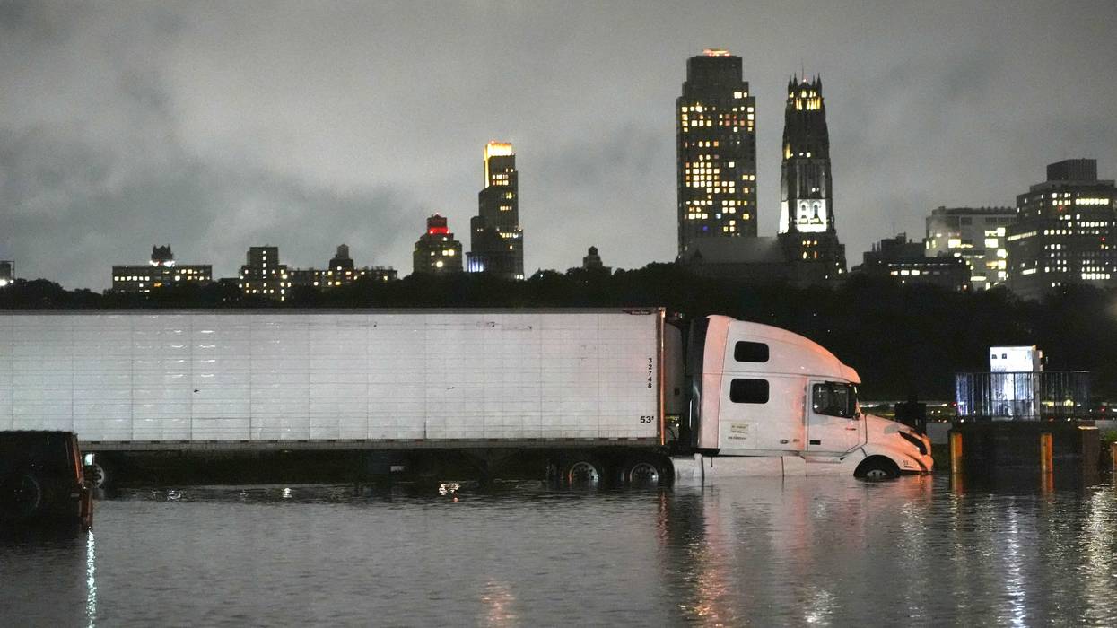 Flooding is seen in New Jersey, with Upper Manhattan in the background, on July 14, 2025