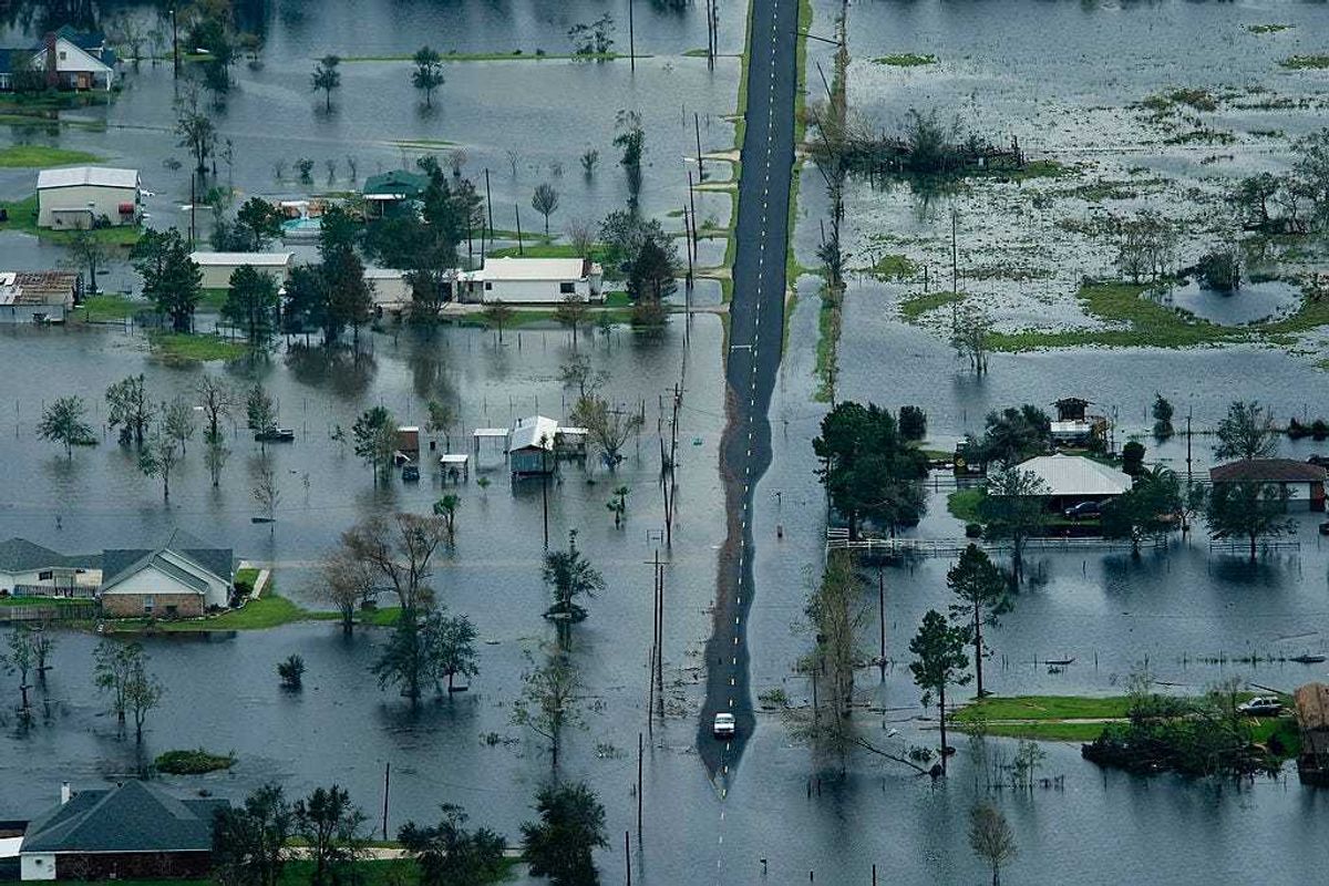 Floodwaters from Hurricane Ike surround houses September 14, 2008 near Winnie, Texas.