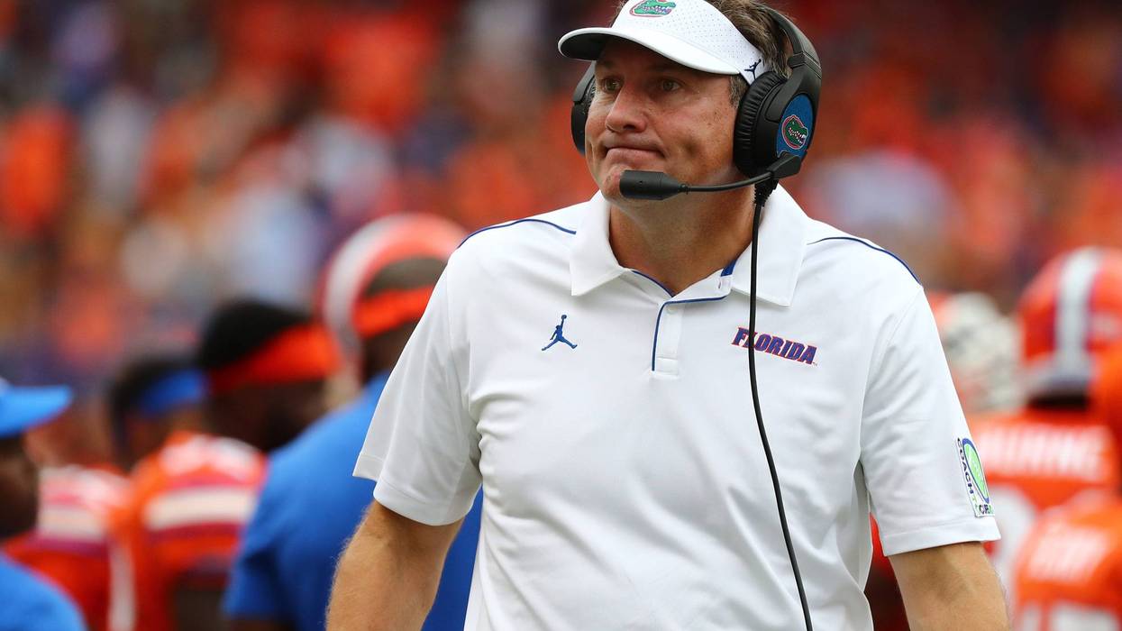 Florida Gators head coach Dan Mullen looks on against the Towson Tigers during the second quarter at Ben Hill Griffin Stadium.