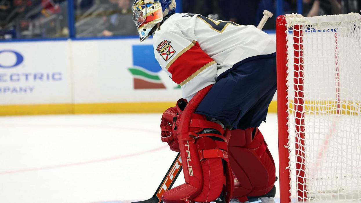 Florida Panthers goalie Anthony Stolarz (41) looks on against the Tampa Bay Lightning during the second period at Amalie Arena.