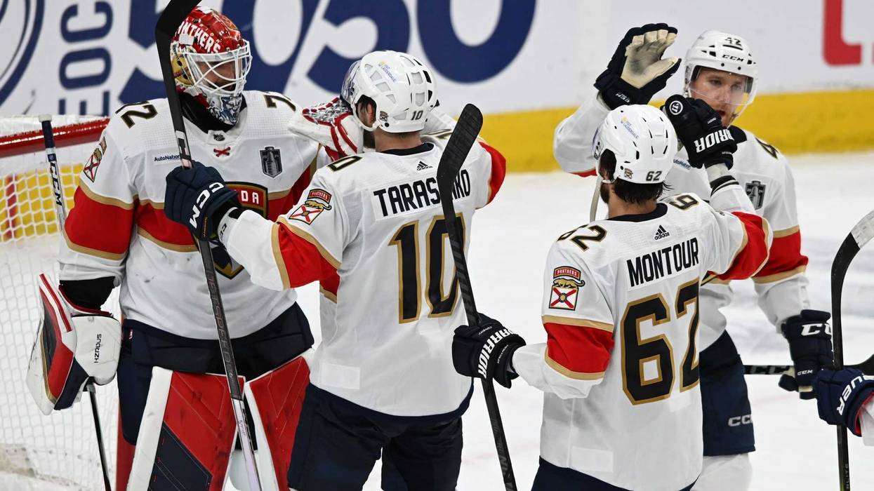 Florida Panthers right wing Vladimir Tarasenko (10) celebrates with Florida Panthers goaltender Sergei Bobrovsky (72) after defatting Edmonton Oilers in game three of the 2024 Stanley Cup Final at Rogers Place